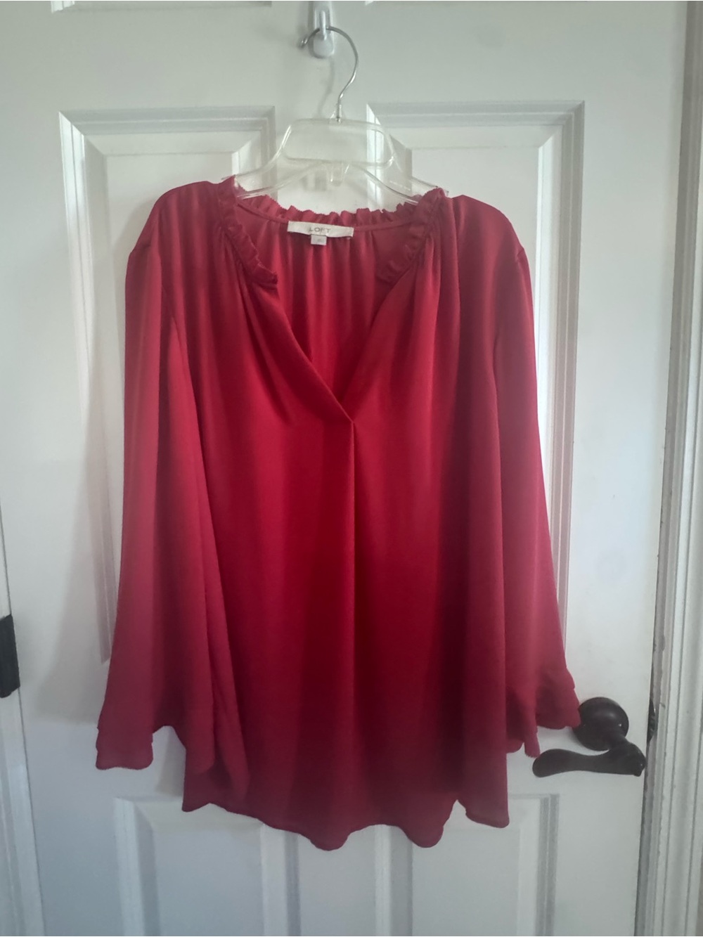 LOFT Red Satin V-Neck Ruffle-Trim Blouse